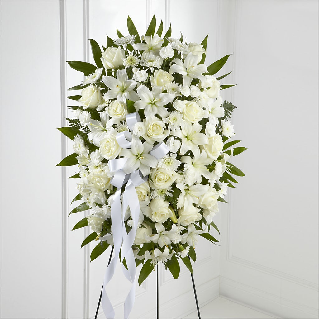 Exquisite Tribute Standing Spray-White Ribbon – Flowers In Spring Llc, Lynchburg VA