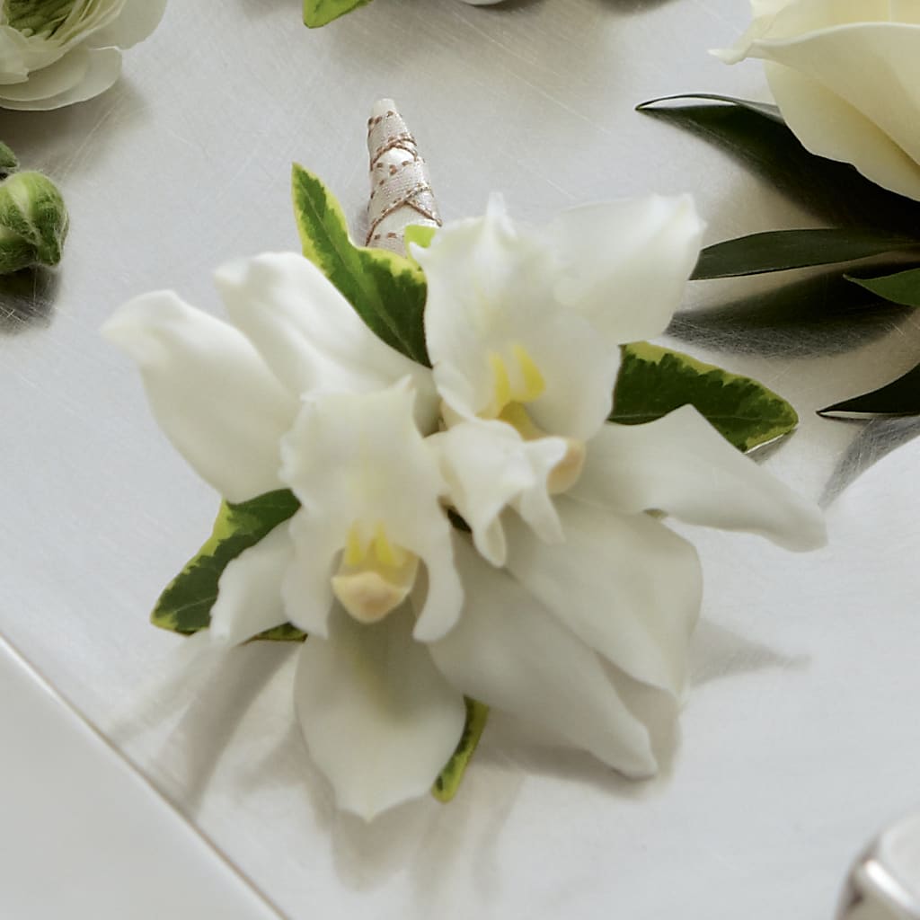 White Mini Cymbidium Boutonniere – Flowers In Spring Llc, Lynchburg VA
